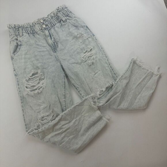 SO Women's Distressed Blue Denim High Rise Mom Jean Size 7/28W Paper Bag Waist - Picture 5 of 11